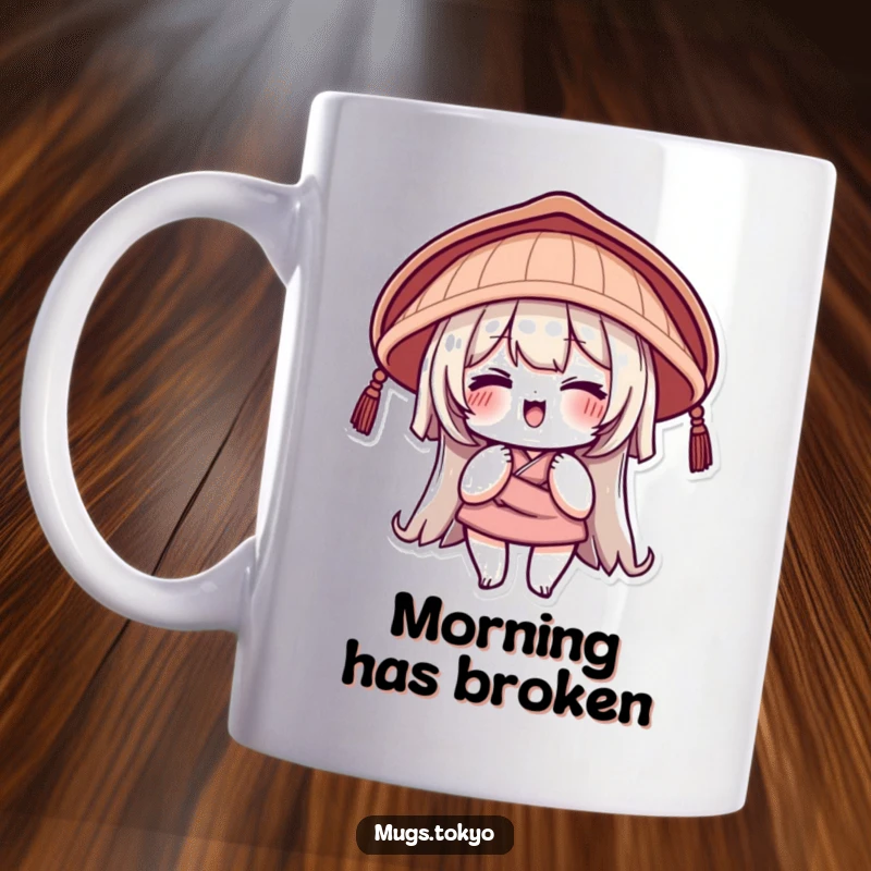 Funny Mug featuring a character in a traditional Japanese hat giving a playful, mischievous wink, ideal for a humorous gift.