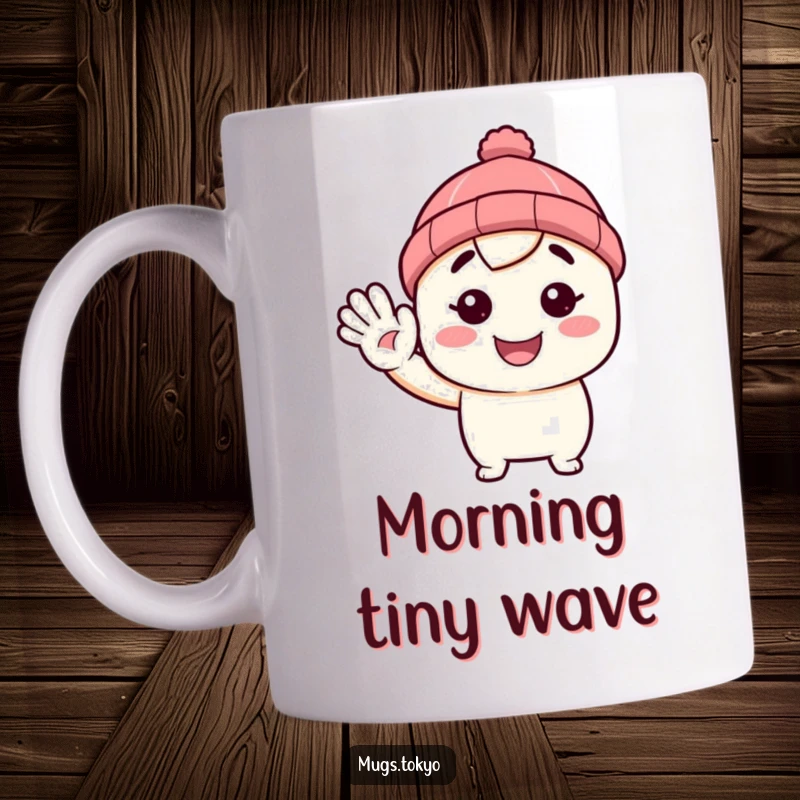 Funny mug featuring a character wearing a tiny beanie, waving hello with a big smile. Friendly and cheerful design.