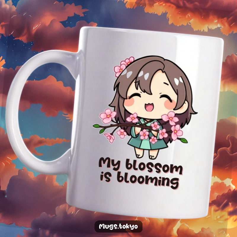 Funny Cherry Blossom Girl Mug, a smiling character holding a delicate cherry blossom branch, evoking spring's gentle beauty.