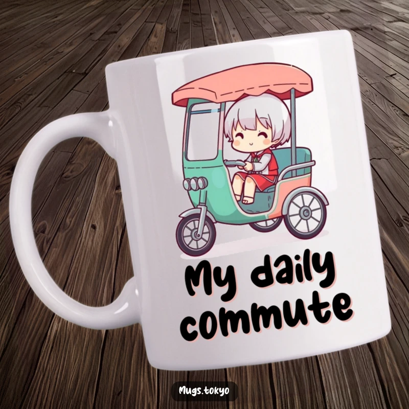 Funny mug with a character comically overloaded in a tiny rickshaw, struggling to balance their many burdens with a determined expression.