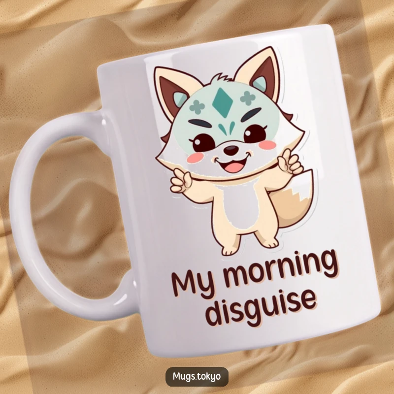 Funny Mug showcasing a playful character wearing a happy Kitsune mask, striking a charming pose.