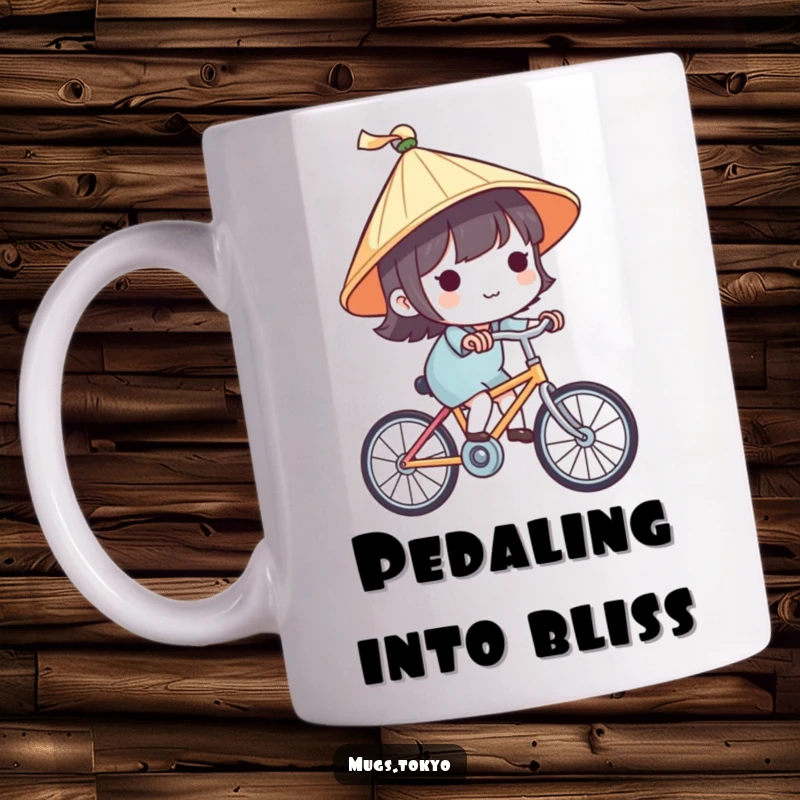 Funny mug featuring a cute character in a tiny traditional Japanese hat, happily cycling, exuding charm and wanderlust.