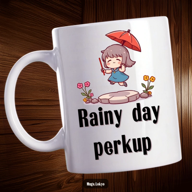 Funny Mug: A character happily bounces a small, red umbrella, radiating playful energy and whimsical charm.