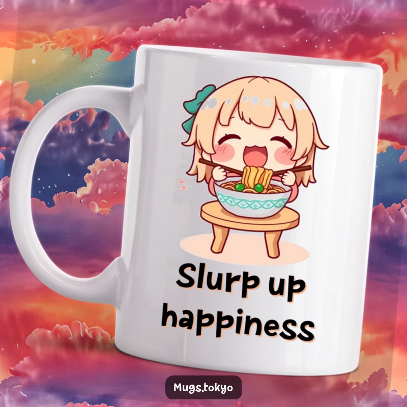 Funny mug featuring a character ecstatically devouring a hot, steaming bowl of noodles at a quaint table.