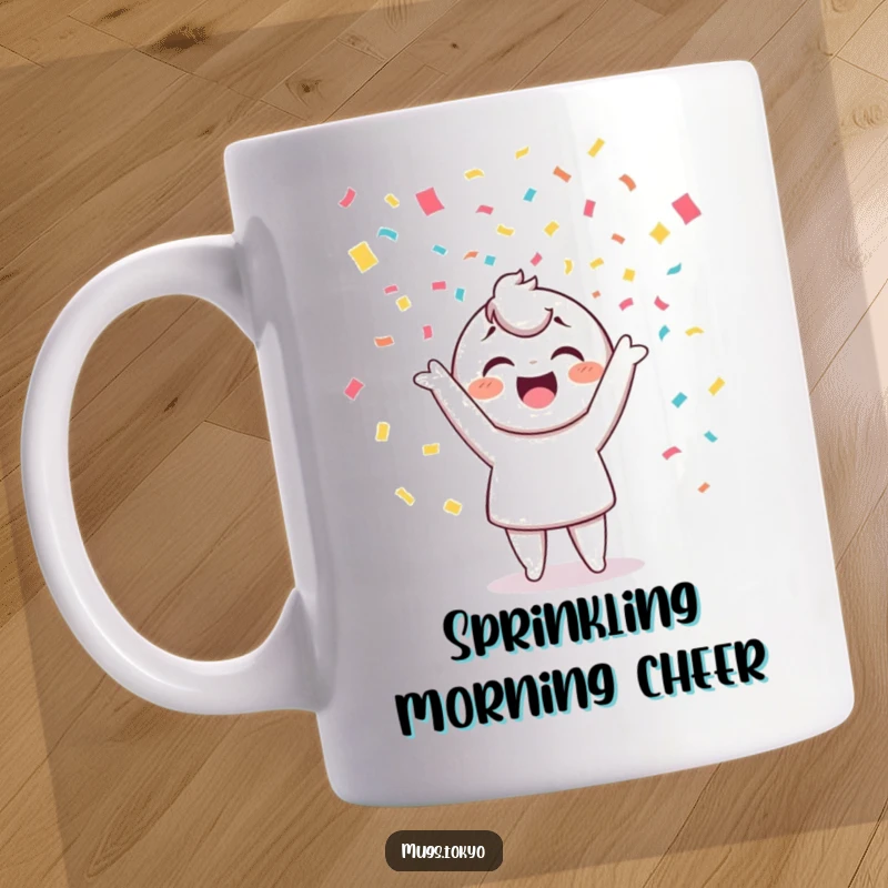 Funny mug featuring a cheerful character joyfully tossing colorful confetti high into the air, embodying pure celebration and happiness.