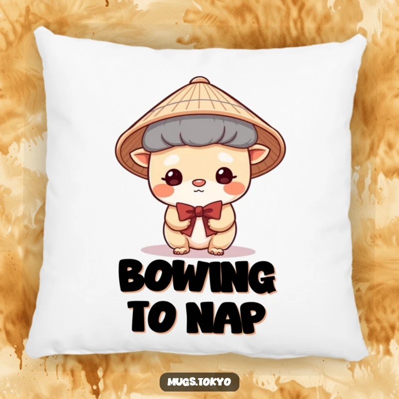Funny Pillow featuring a cute creature in a Japanese hat, bowing shyly, offering comfort and a gentle, humorous embrace.