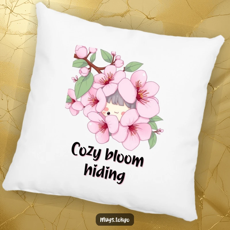 Funny pillow featuring a playful character peeking from behind a stylized cherry blossom, offering comfort and spring charm.
