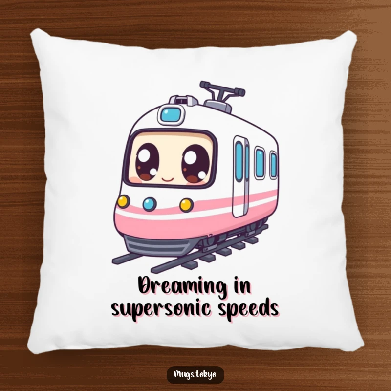 Funny Pillow: Character with large expressive eyes smiling while riding a miniature bullet train, offering comfort and humor.