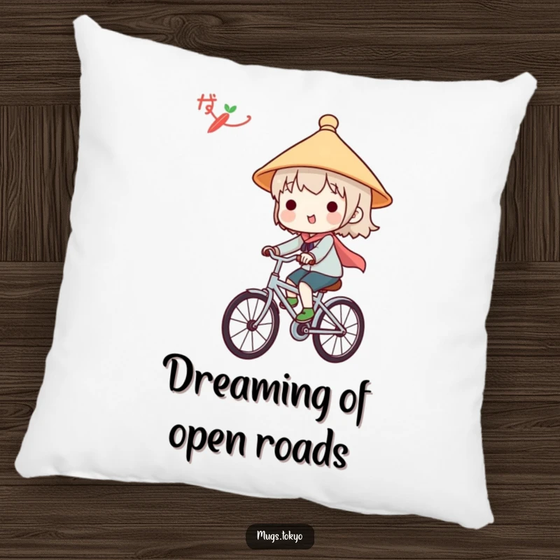Funny pillow with a cute character in a Japanese hat, happily riding a bicycle, offering comfort and whimsical decor.
