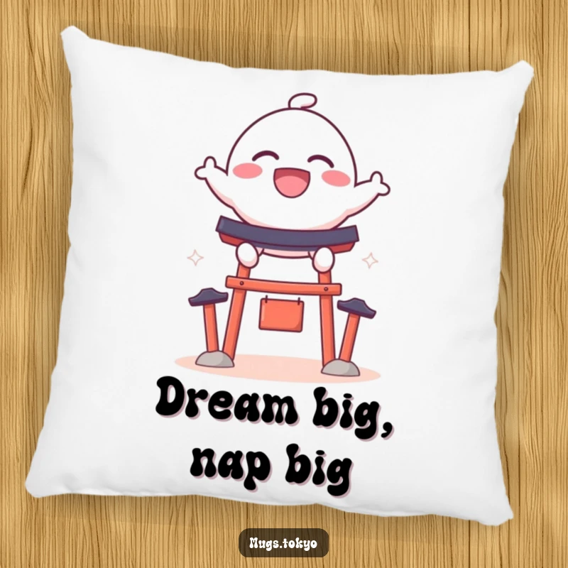 Funny pillow with a bouncy dango character with a wide grin, leaping over a miniature shrine gate, for comfortable and humorous decor.