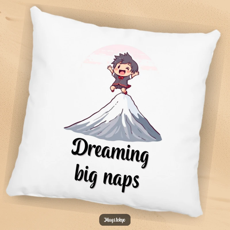 Funny Pillow with a joyful character leaping over a stylized Mount Fuji, perfect for adding comfort and humorous adventure.