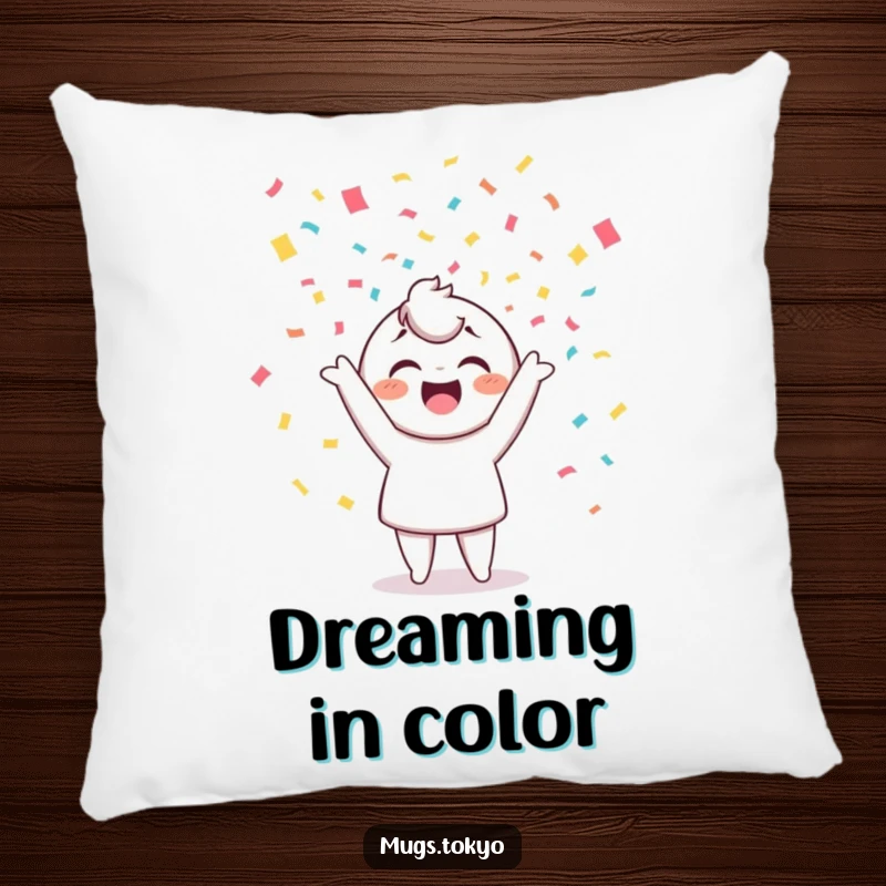 Funny pillow featuring a cheerful character tossing colorful confetti, providing comfort and a delightful festive vibe.