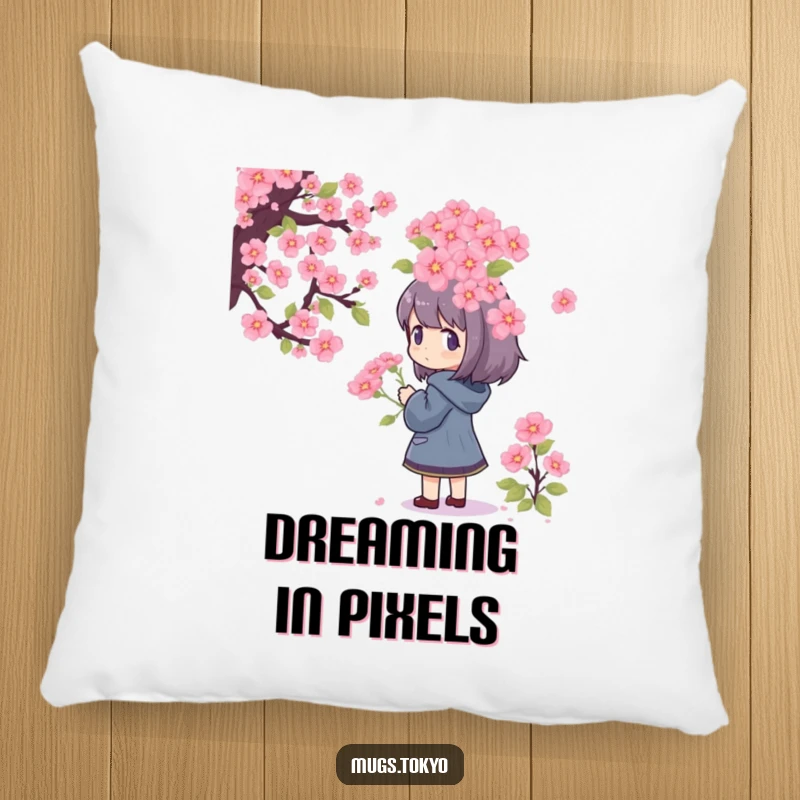 Funny Pillow with a character admiring a large pixelated cherry blossom bouquet, offering comfort and a humorous retro touch.