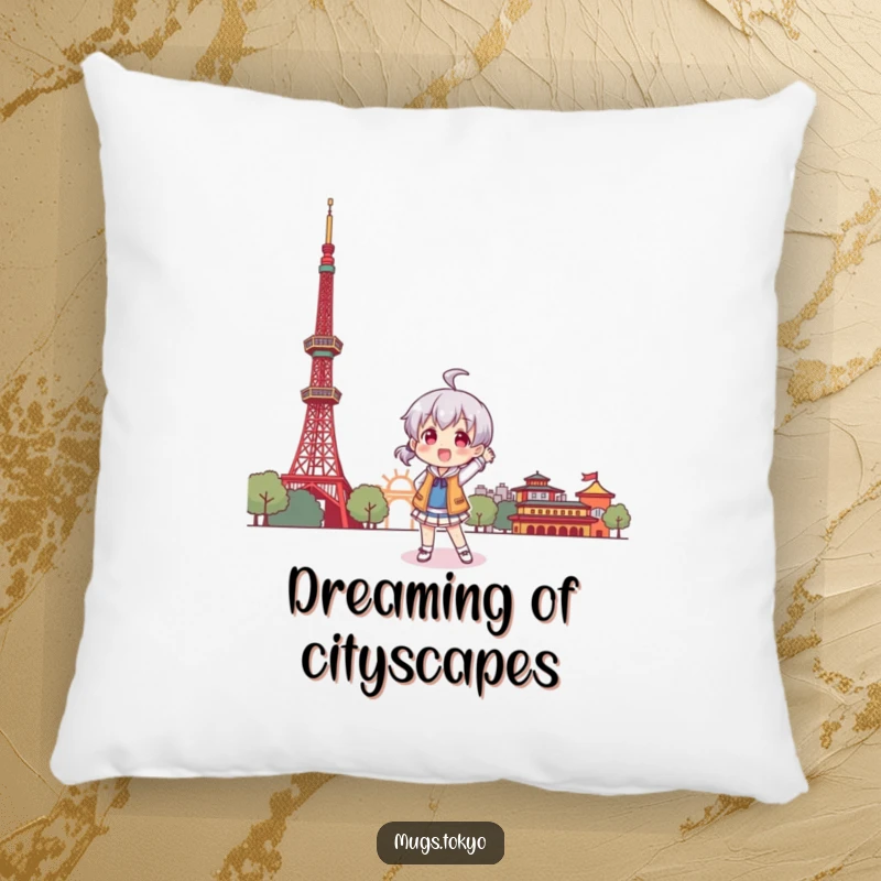Funny pillow design showcasing a character in a playful pose before a stylized Tokyo Tower, perfect for decoration.