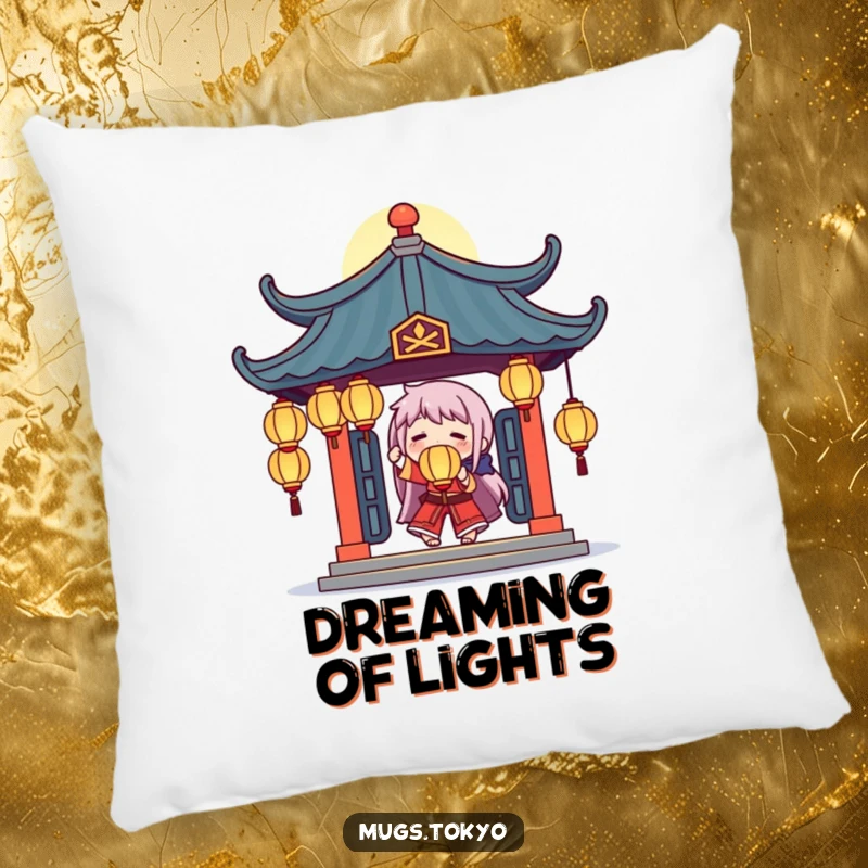 Funny pillow depicting a character juggling luminous lanterns under a stylized temple roof, offering a cozy and magical feel.
