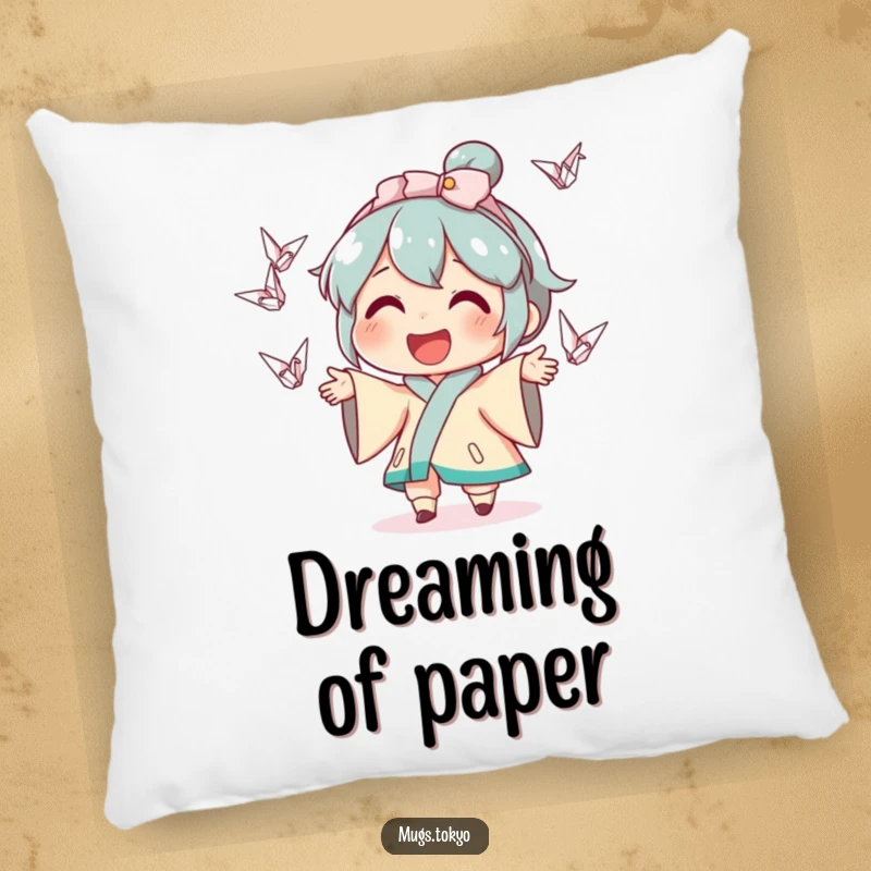 Funny pillow cover with a cute character joyfully juggling a handful of small, colorful origami cranes, designed for maximum comfort and humor.