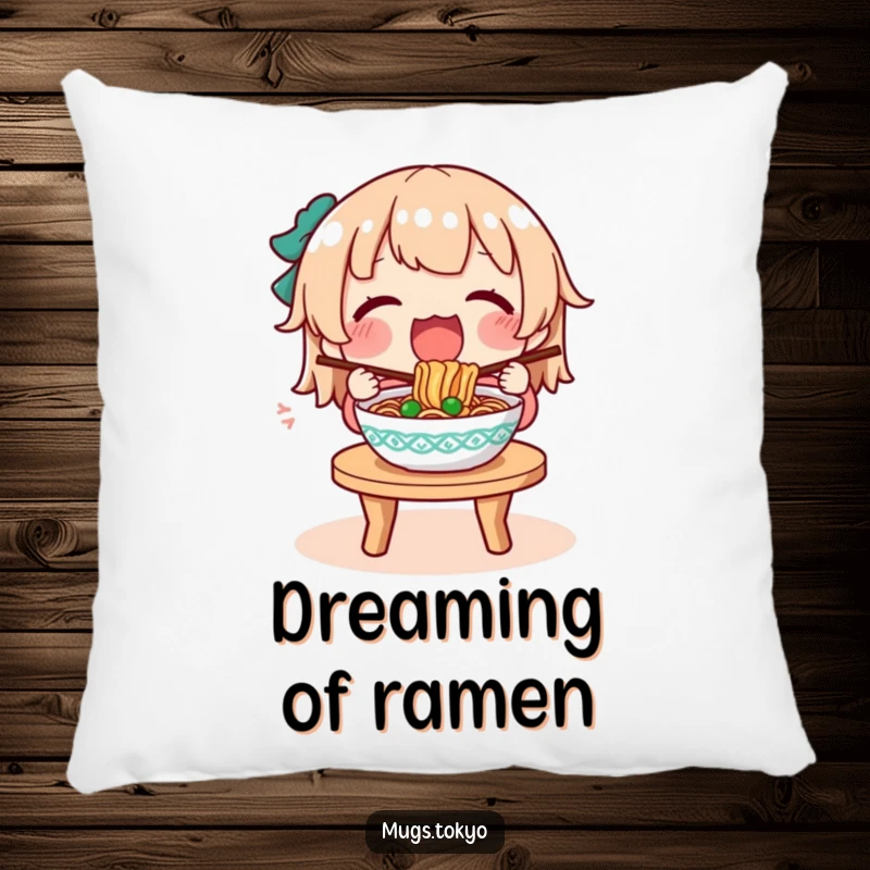 Funny pillow design of a character blissfully eating a steaming bowl of noodles, perfect for cozying up.