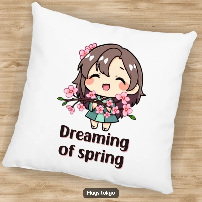 Funny Cherry Blossom Character Pillow, a smiling character resting near a stylized cherry blossom branch, adding soft decor.