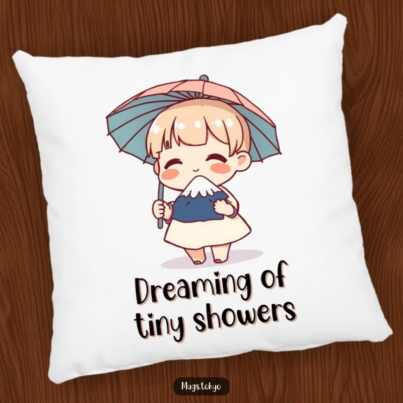 Funny pillow showcasing a character holding a miniature Mount Fuji umbrella, giggling warmly, adding comfort and humor.