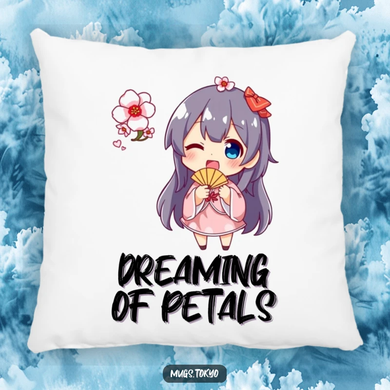 Funny cherry blossom fan pillow showcasing a smiling character holding and waving a small fan decorated with beautiful pink cherry blossoms, cozy and cute.