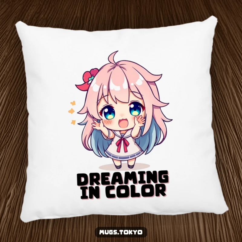 Funny character with vibrant, colorful hair making excited gestures on a soft and humorous decorative pillow.