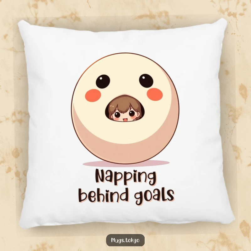 Funny Pillow featuring a character peeking from behind a cheerful Daruma doll, for humorous comfort and luck.