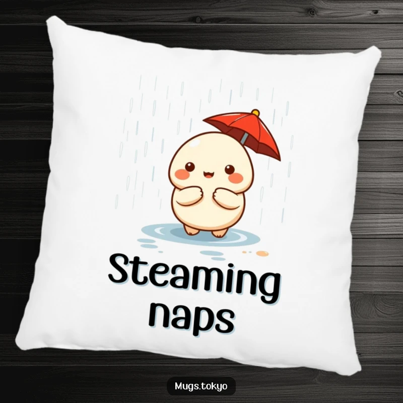 A soft pillow featuring a funny cute dumpling character holding a tiny red umbrella in the rain.
