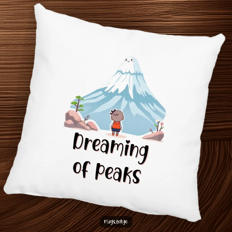 Funny pillow cover with a character looking up in amazement at a smiling Mount Fuji, designed for comfort and whimsical decor.
