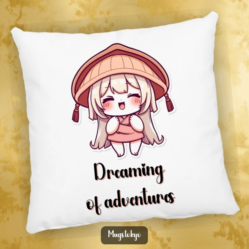 Funny Pillow with a character in a traditional Japanese hat giving a playful wink, perfect for adding comfort and humor.