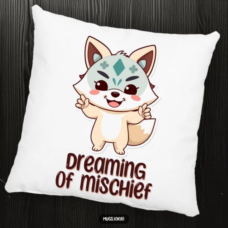 Funny Pillow featuring a character in a playful pose wearing a happy Kitsune mask, for humorous comfort.