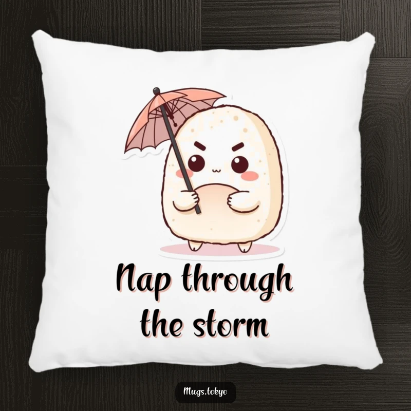 Funny pillow with a cute onigiri character with a determined expression, wielding a tiny umbrella, for comfortable and humorous decor.