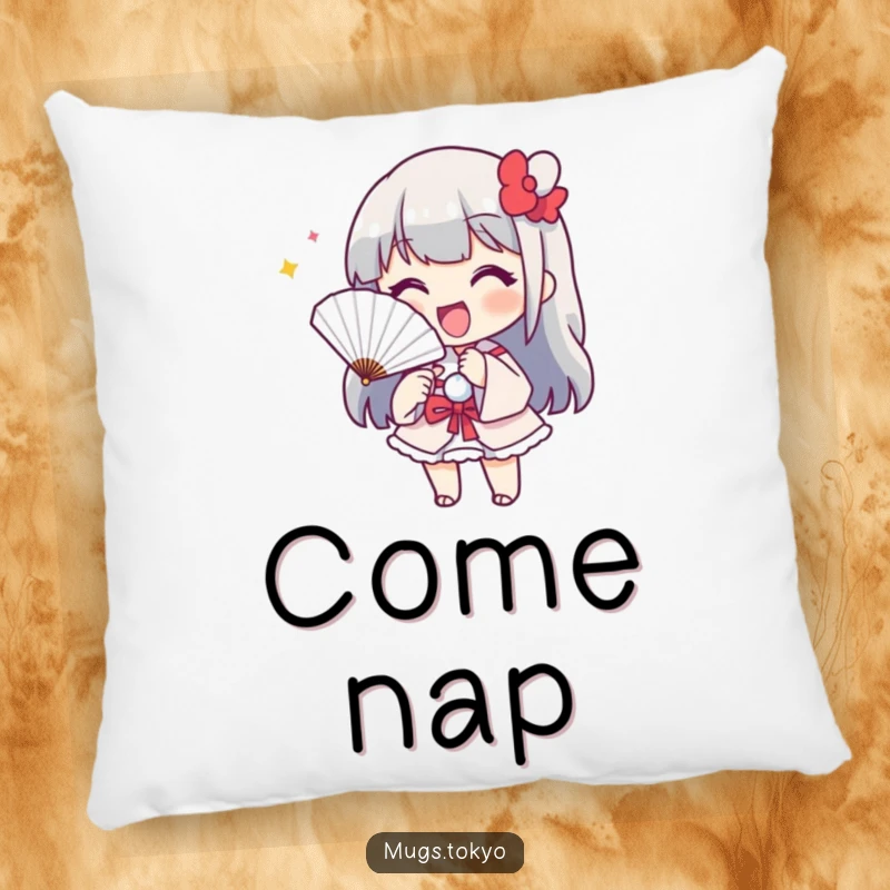 Funny pillow with a cheerful character holding a paper fan, playfully beckoning. Soft, decorative, and humorous.