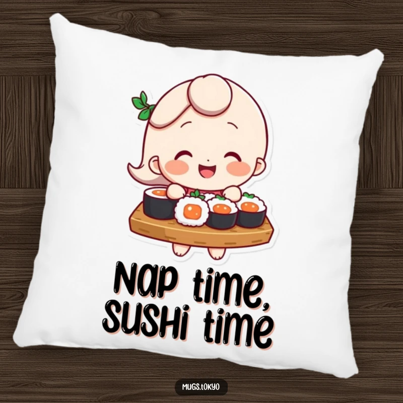 Funny Pillow: A smiling character comically balances a tray of sushi, offering a cozy and humorous accent for any sofa or bed.