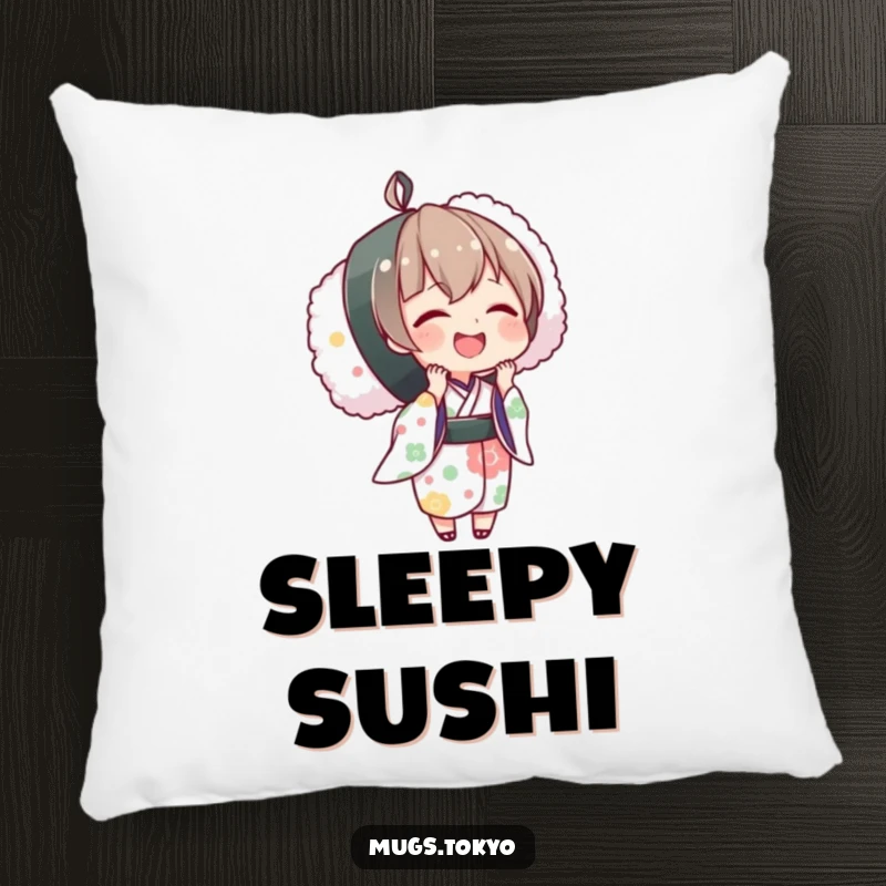 Funny pillow with a cute character in a kimono holding a massive sushi roll, offering comfort and culinary amusement.