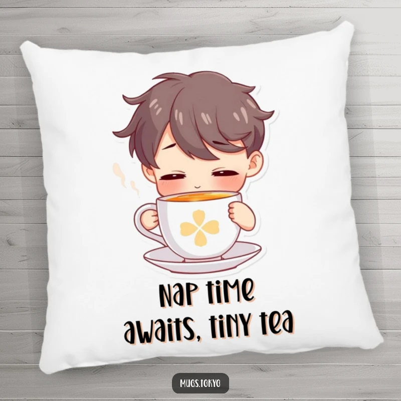 Funny pillow showing a character enjoying a tiny, steaming tea cup, perfect for cozy comfort and humor.