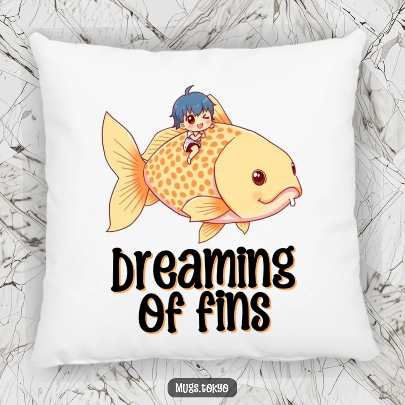 Funny pillow showcasing a delightful scene of a small character riding a giant goldfish, offering comfort and a humorous touch.