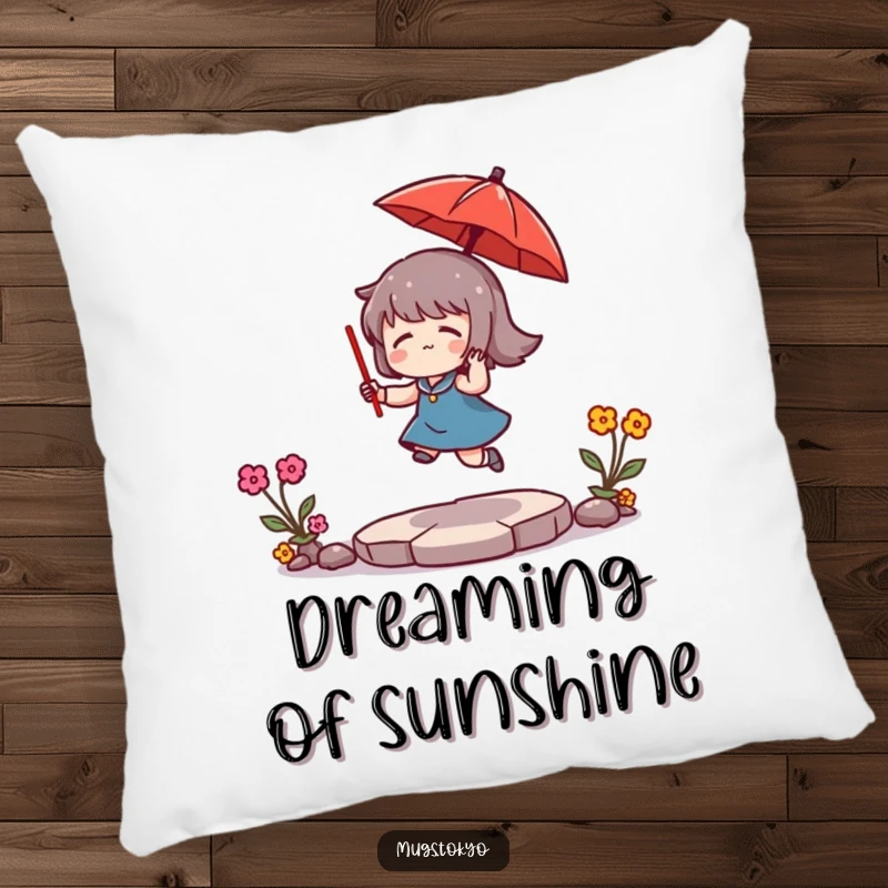 Funny Pillow: A character playfully bounces a small red umbrella, offering a cozy and humorous accent piece for any room.