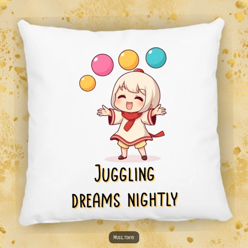 Funny pillow depicting a character playfully juggling colorful dango balls, offering comfort and whimsical charm.