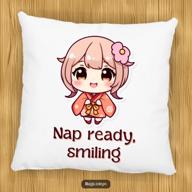 Funny pillow depicting a cute character in a kimono, wide eyes, and a beaming smile. Soft, decorative, and humorous home accent.