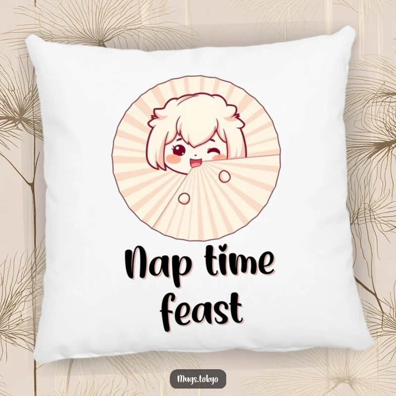 Funny bento box pillow with a smiling character excitedly peeking from behind a large paper fan, for cozy amusement.
