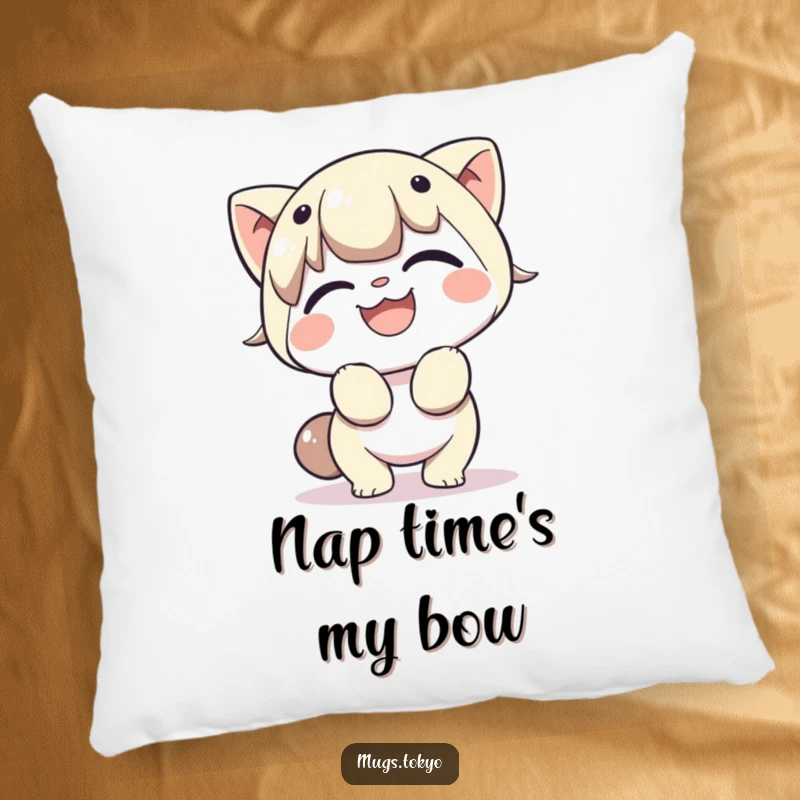 Funny pillow displaying a character cheerfully bowing with a beaming smile, offering soft humor and a symbol of gracious welcome.