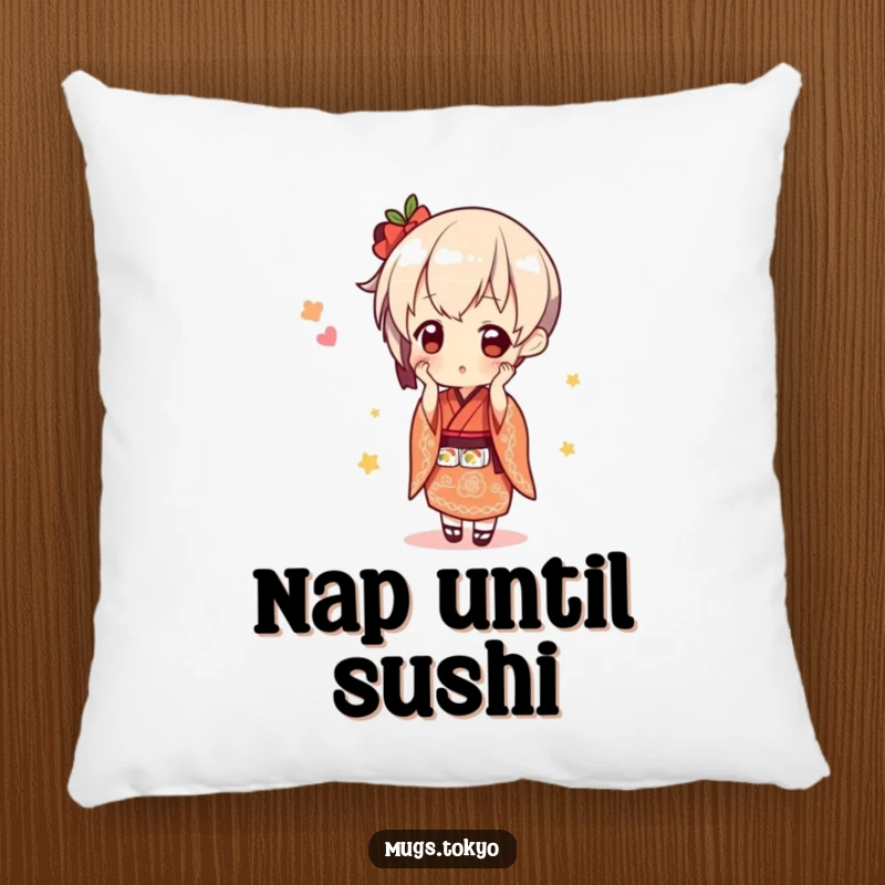 Funny cute character in a kimono, balancing sushi, a soft and humorous decorative pillow.
