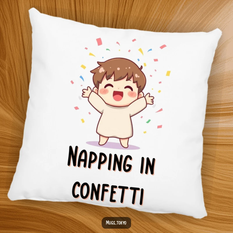 Funny pillow featuring a cheerful character joyfully tossing colorful confetti, providing comfort and a festive touch.
