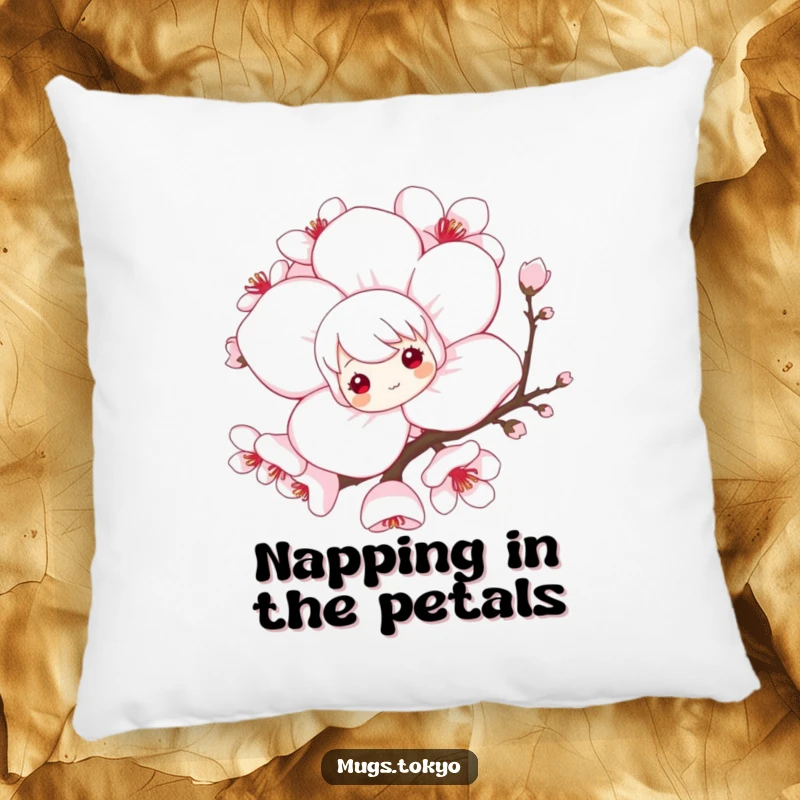 Funny throw pillow featuring a playful character peeking from behind a blooming cherry blossom, offering comfort with a side of humor.