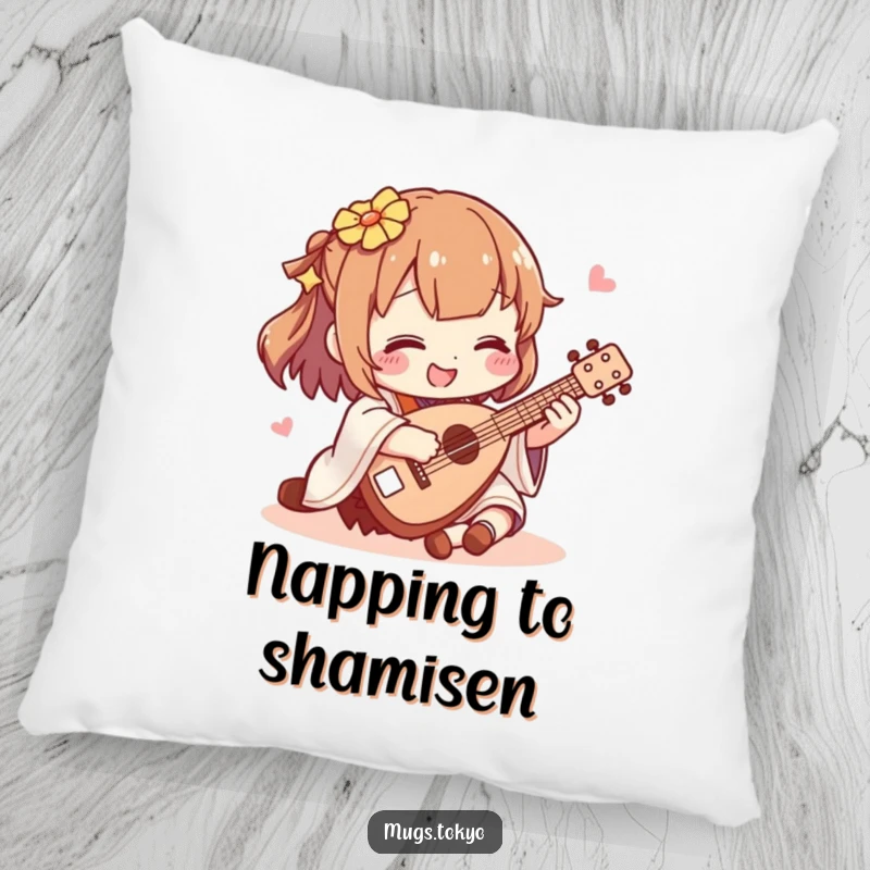 Funny shamisen player pillow, a soft cushion featuring a character joyfully playing a miniature shamisen, bringing comfort and humor.