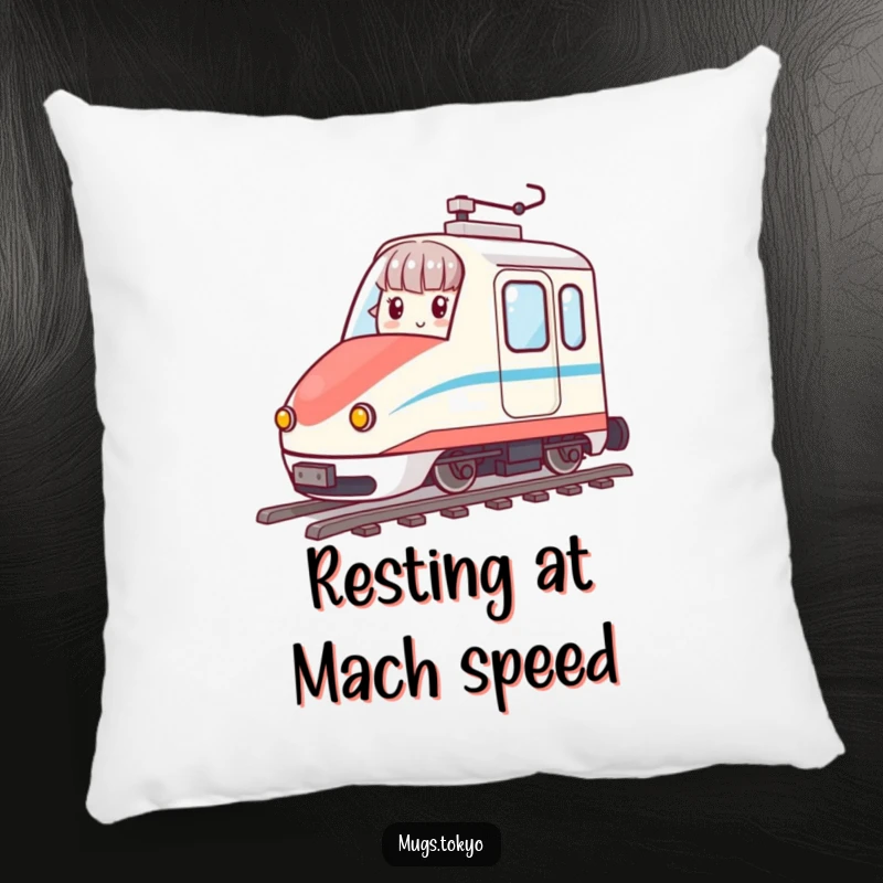Funny pillow featuring a character enjoying a ride on a tiny, animated bullet train, perfect for cozy humor.