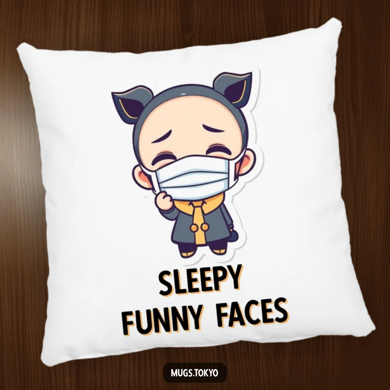 Funny pillow depicting a character wearing a small mask and making a funny, comical face, offering comfort and humor.