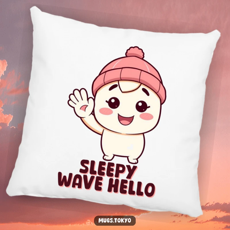 Funny pillow with a character wearing a tiny beanie, waving hello. Soft, decorative, and humorous home accent.