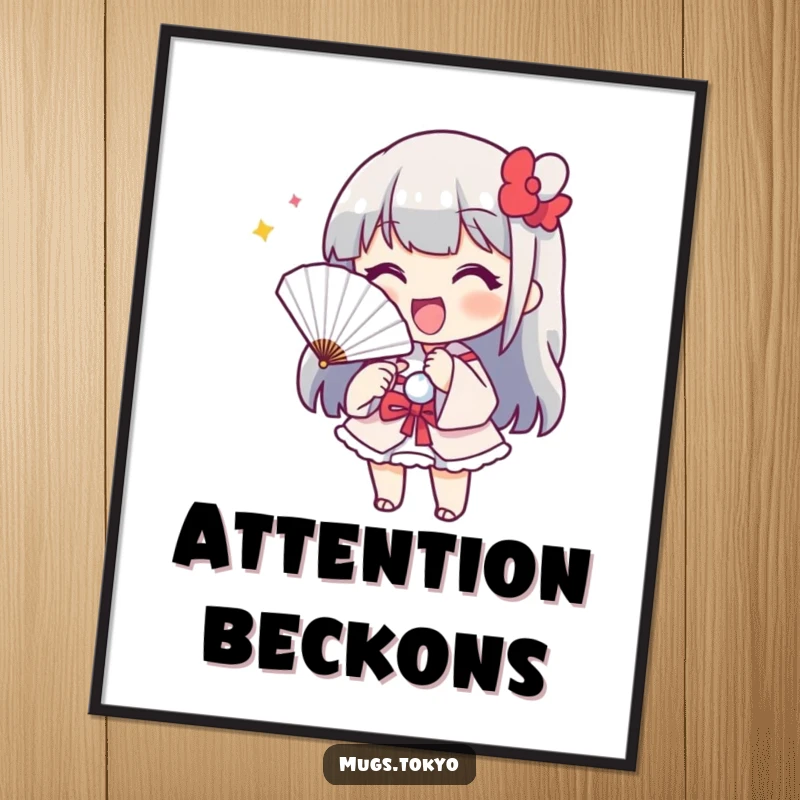 Funny digital art print of a cheerful character with a paper fan, playfully beckoning. Instant downloadable charm.