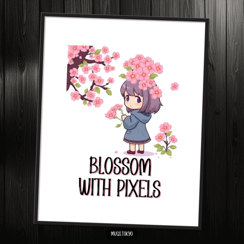 Funny Digital Art Print of a character admiring a huge pixelated cherry blossom bouquet, perfect for instant retro and humorous decor.